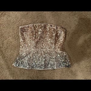 White House Black Market bustier, gold/silver sequin, size 6